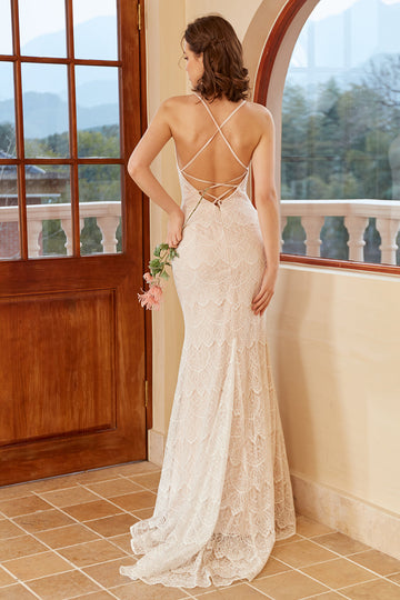 Mermaid Halter Robe de mariée en dentelle blanche avec sweep train